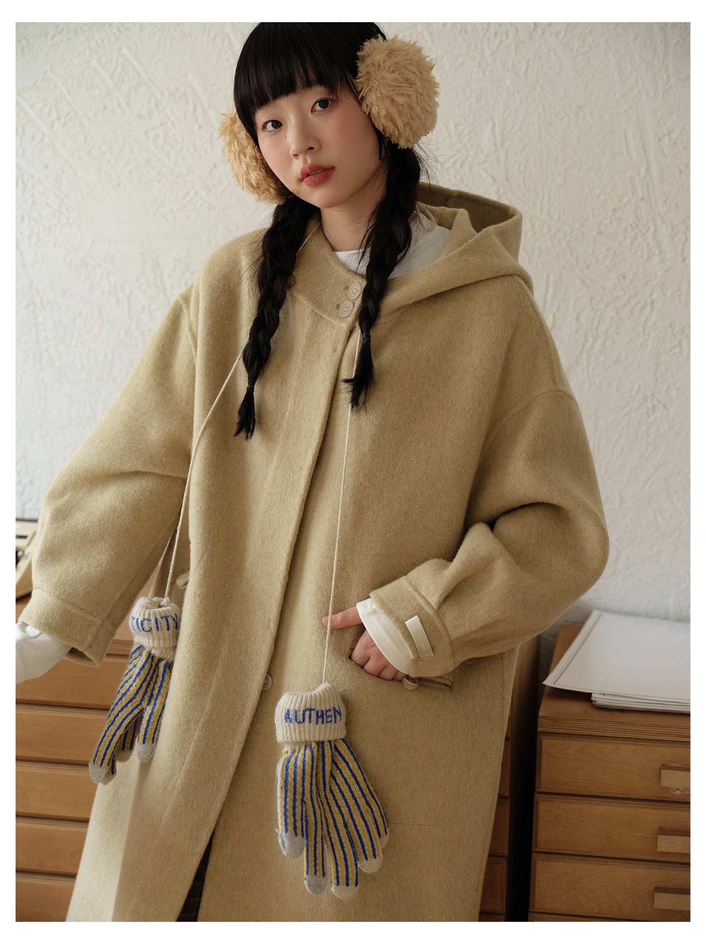 ◇ダブルフェイス メリノウールで暖かドロップショルダーゆったり フーディーコート◇