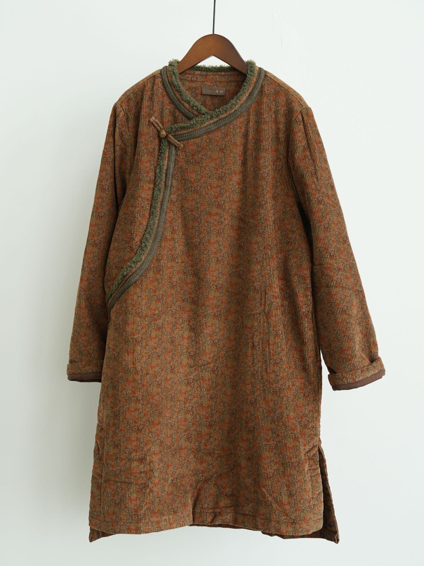 小ぶりなフラワープリントが可愛い◇中綿コーデュロイ ボア装飾 オリエンタルコート◇