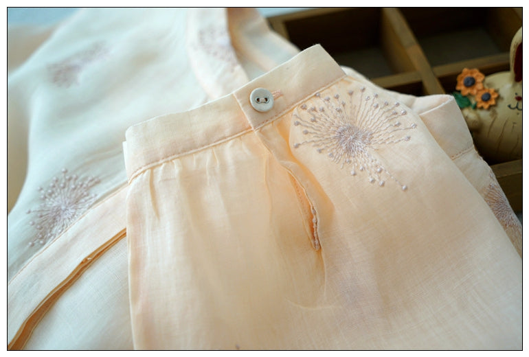 2色展開◇繊細な刺繍装飾◇ラミー苧麻100％ 7分丈ロングバンドカラーワンピース◇裏地付き