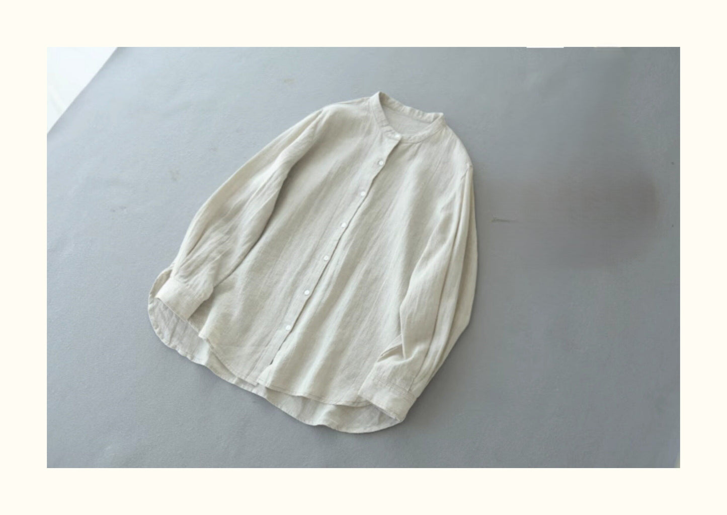 2色展開☆ベーシックで使い勝手の良さ抜群☆ゆったりシルエットリネン ステッチデザイン バンドカラーシャツ☆