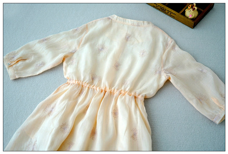 2色展開◇繊細な刺繍装飾◇ラミー苧麻100％ 7分丈ロングバンドカラーワンピース◇裏地付き