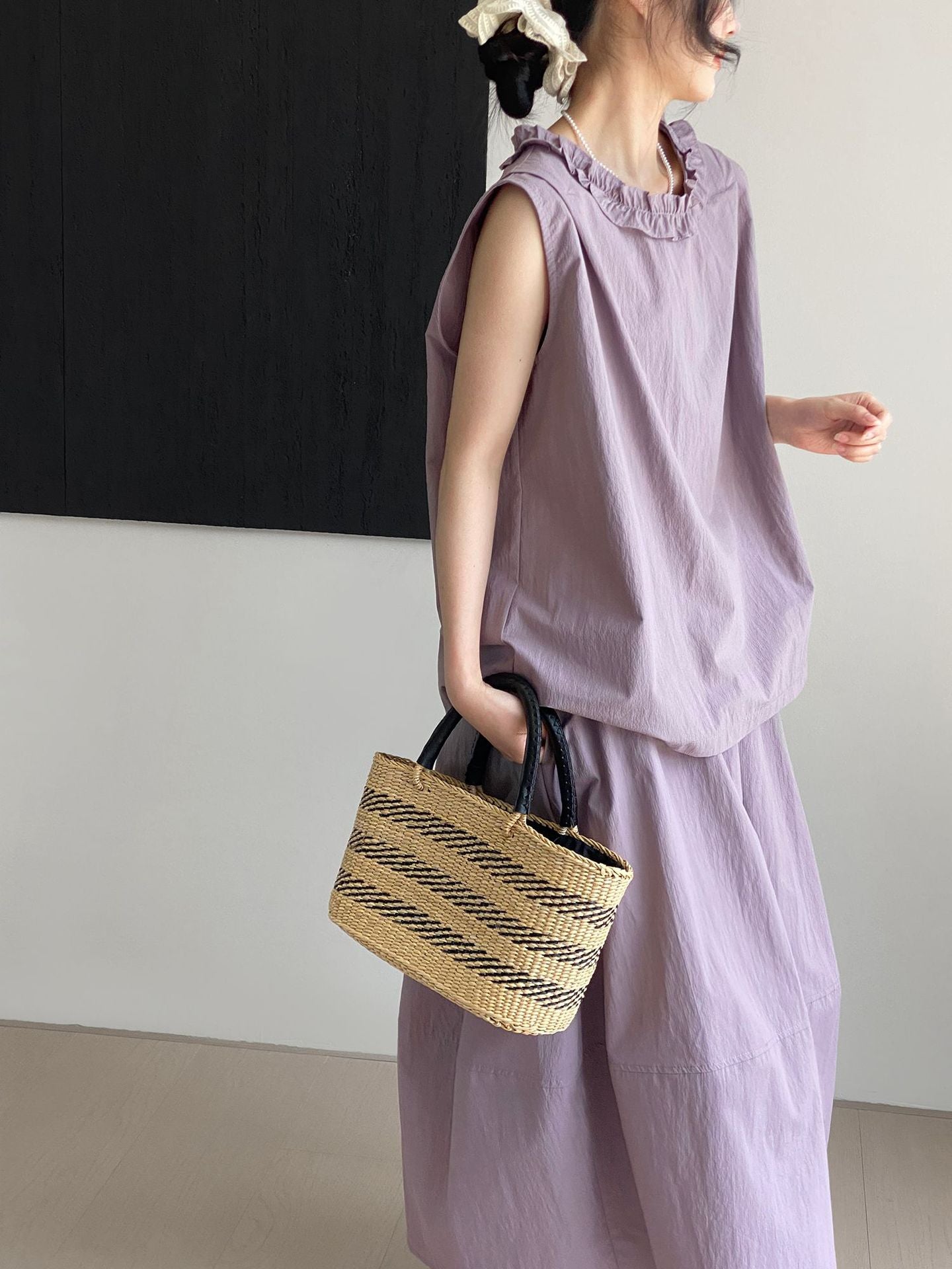 セットアップデザイン◇2色展開◇フリルネックブラウス＆ロングスカート◇M/Lサイズ