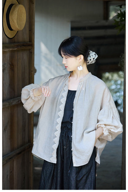 ✩品のある前立て＆ネックのフリル使い✩リネン ギャザー＆フリル ドロップショルダー ブラウス✩ M/Lサイズ