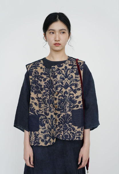 ✩バティック柄 ボタニックプリント リネン 切り替え中綿ベスト☆