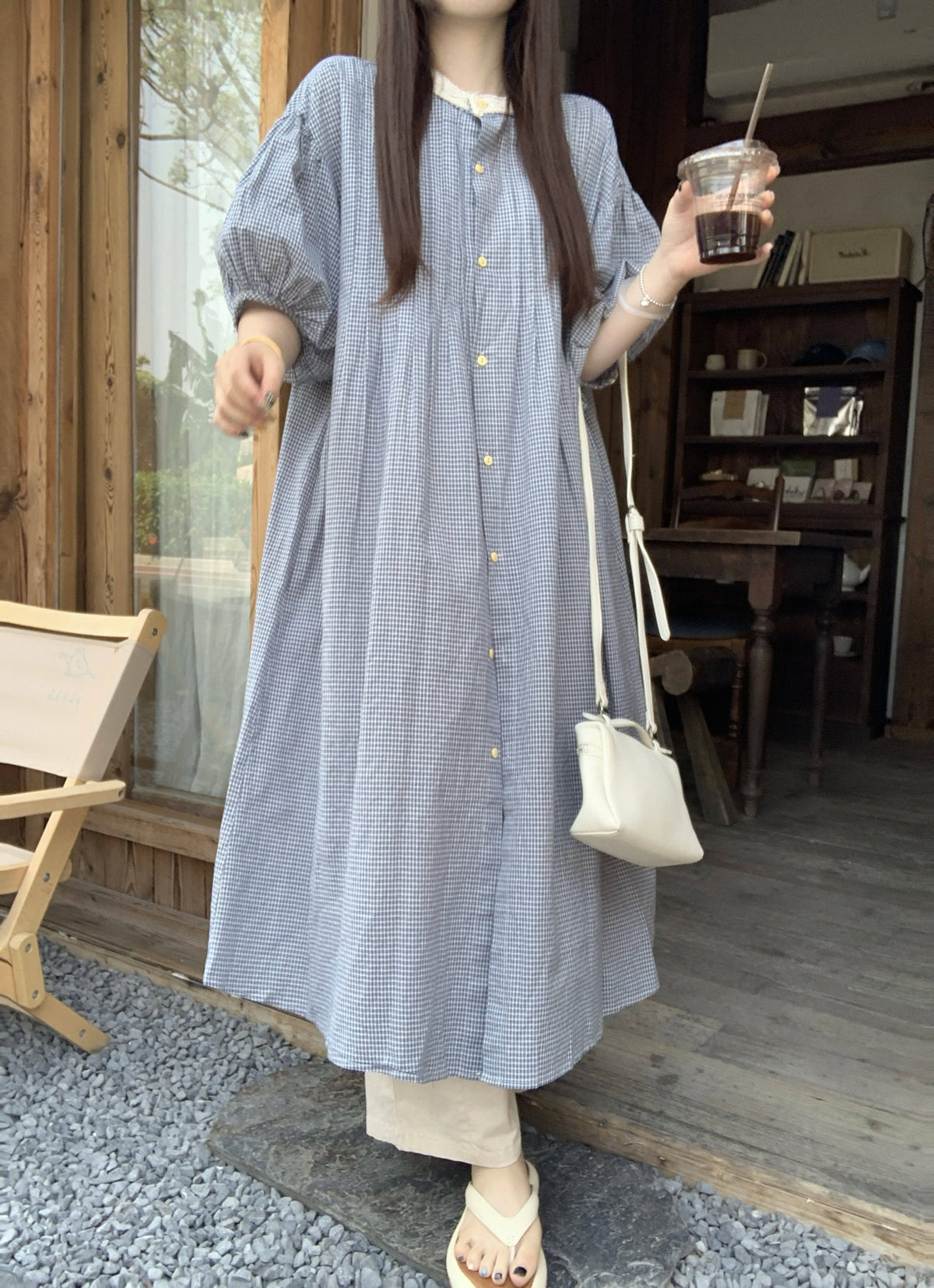 ☆ゆったりシルエット パフスリーブ ギンガムチェック ワンピース☆S～XLサイズ