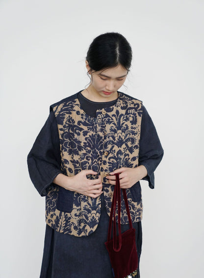 ✩バティック柄 ボタニックプリント リネン 切り替え中綿ベスト☆