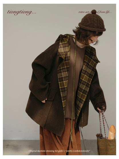 ２色展開◇ダブルフェイスウール×ヤク×シルクで暖かドロップショルダーゆったり フーディーコート◇