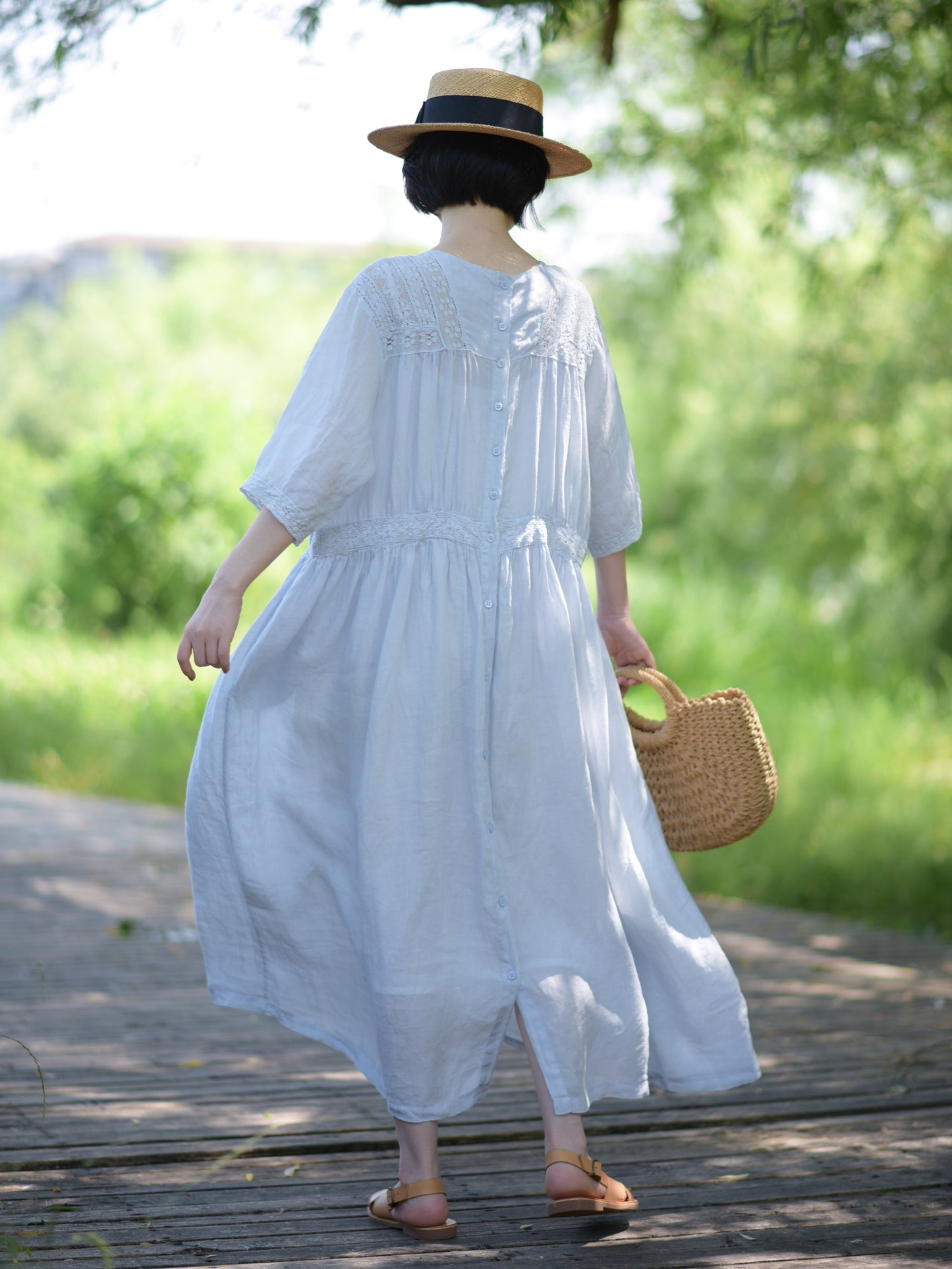 ◇レース＆ピンタック  ラミー ウエストギャザー スクウェアネックワンピース◇