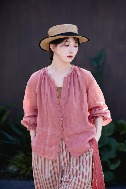 ✩ピンク掛かった赤の色味が美しい✩ラミー ギャザーフリル ドロップショルダー ブラウス✩ M/Lサイズ