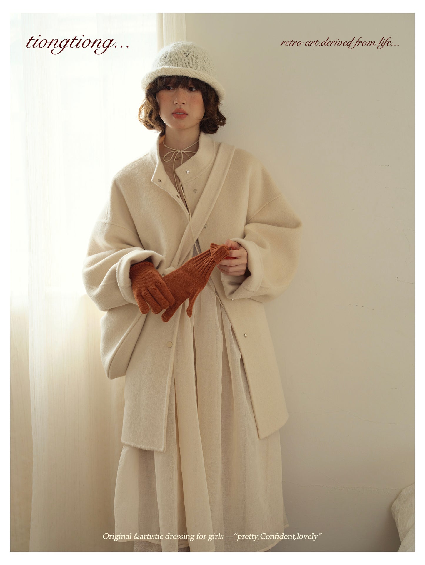 ２色展開△ダブルフェイスウール×キャメルで暖か ドロップショルダーゆったり  スタンドカラーコート△バッグ付き