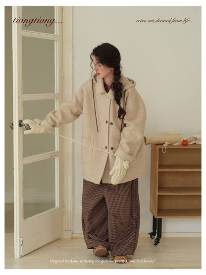 ２色展開◇ダブルフェイスウールで暖かドロップショルダーゆったり ショートコート◇