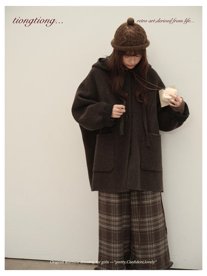 3色展開◇ダブルフェイス カシミア×メリノウールで暖かドロップショルダーゆったり フーディーコート◇