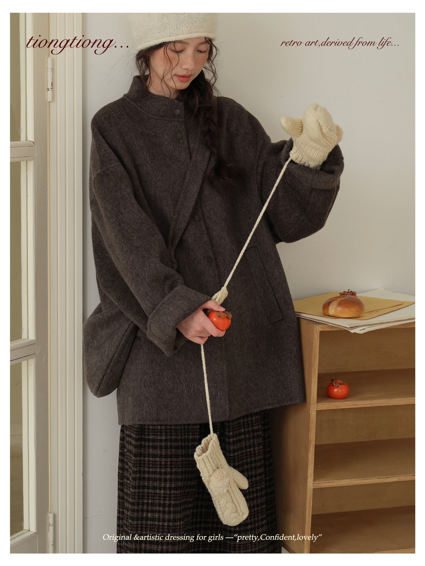 ２色展開△ダブルフェイスウール×キャメルで暖か ドロップショルダーゆったり  スタンドカラーコート△バッグ付き