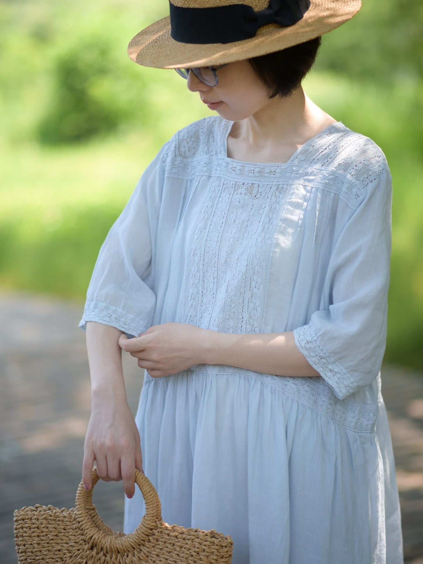 ◇レース＆ピンタック  ラミー ウエストギャザー スクウェアネックワンピース◇