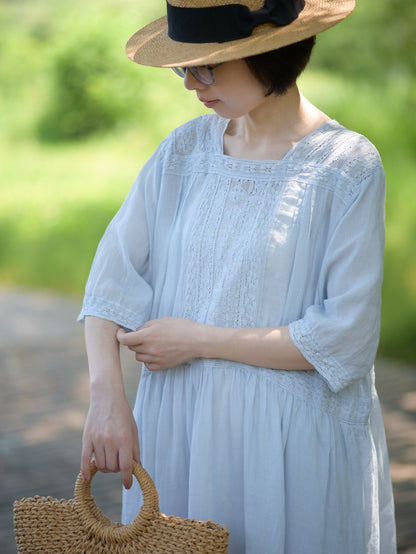 ◇レース＆ピンタック  ラミー ウエストギャザー スクウェアネックワンピース◇