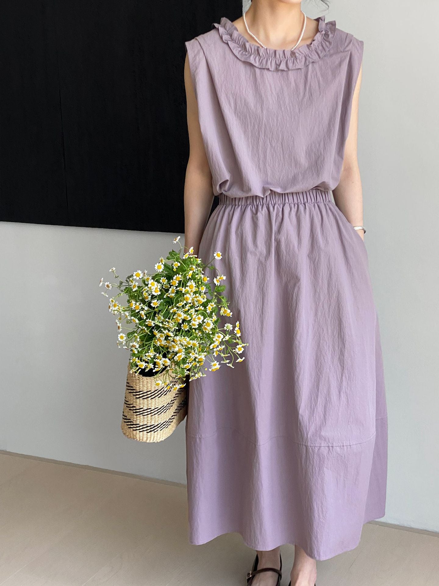 セットアップデザイン◇2色展開◇フリルネックブラウス＆ロングスカート◇M/Lサイズ