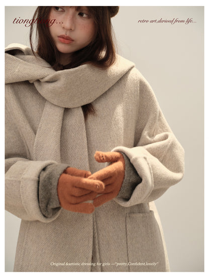 △ダブルフェイスメリノウールで暖か ドルマンスリーブゆったり  ノーカラーコート△マフラー付き