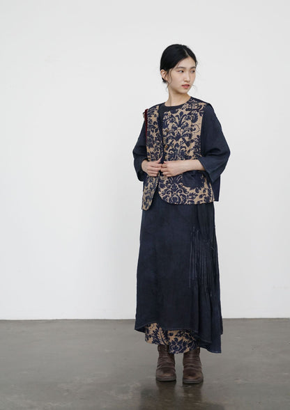 ✩バティック柄 ボタニックプリント リネン 切り替え中綿ベスト☆