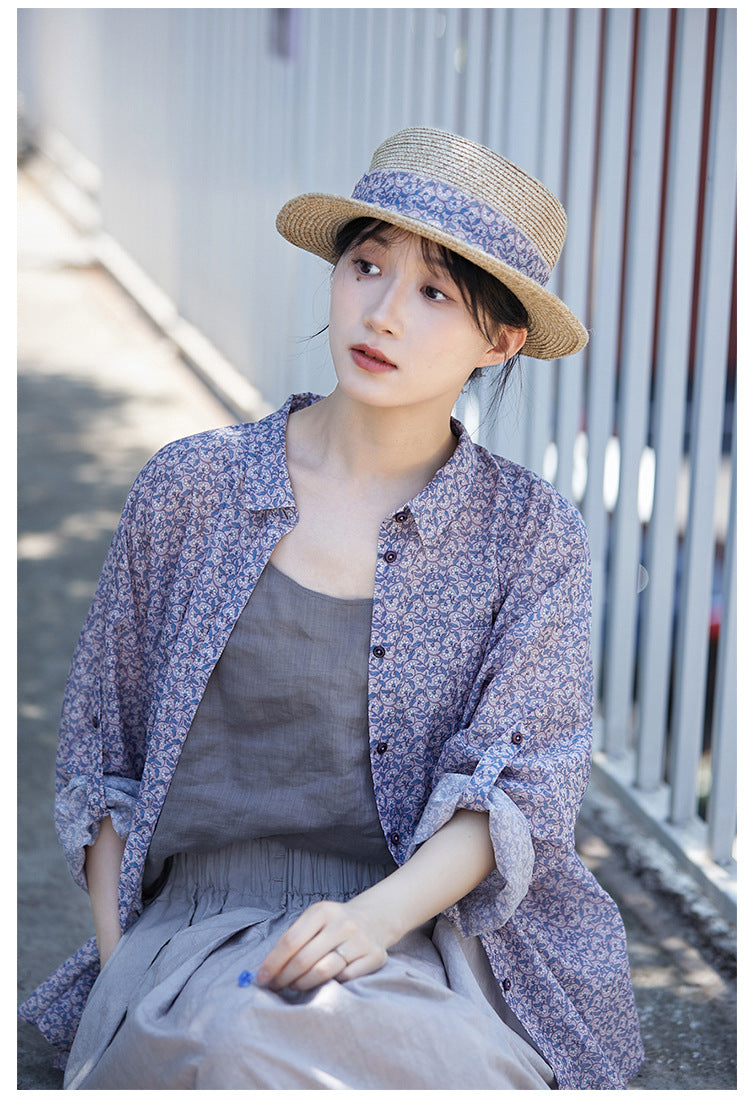 ◇小花柄で品のあるゆったりシルエット ドロップショルダーコットンシルクシャツ◇M/Lサイズ