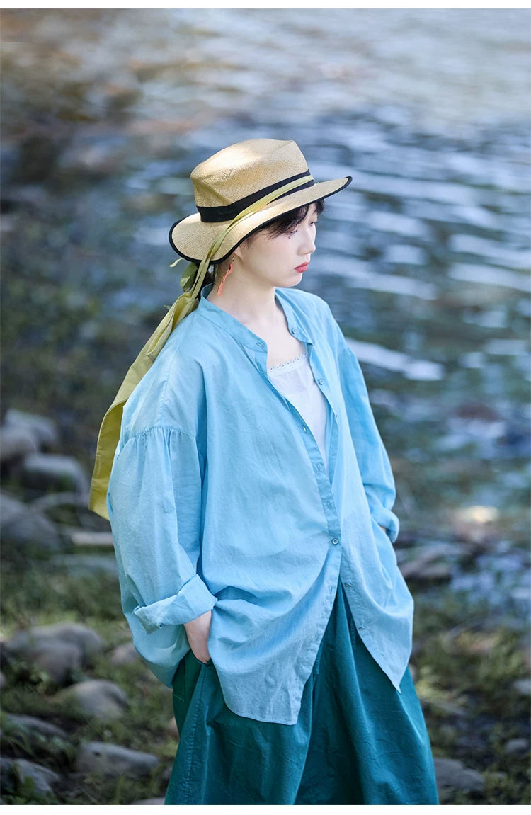 爽やかなライトブルー◇コットンドロップショルダー ゆったりシルエットバンドカラーシャツ◇ S/M/Lサイズ
