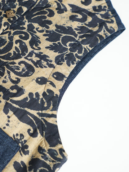 ✩バティック柄 ボタニックプリント リネン 切り替え中綿ベスト☆