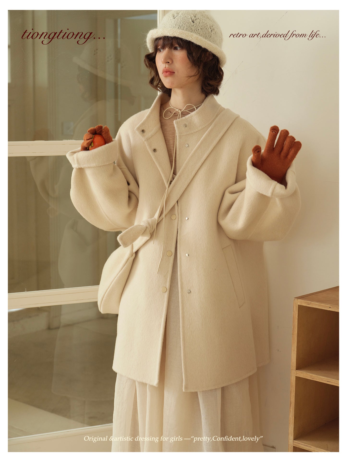 ２色展開△ダブルフェイスウール×キャメルで暖か ドロップショルダーゆったり  スタンドカラーコート△バッグ付き