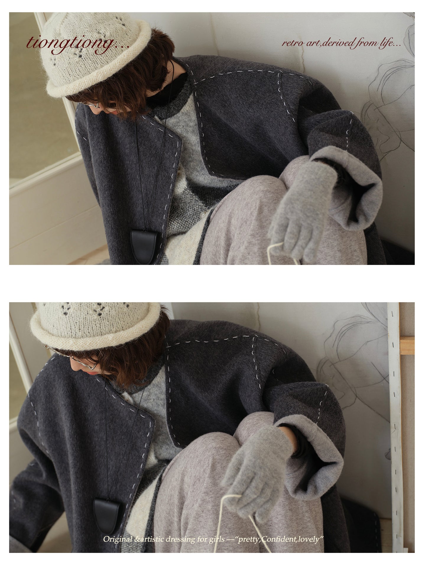 △ダブルフェイスウールで暖か ハンドステッチがポイントに。ドロップショルダーゆったり  ノーカラーコート△