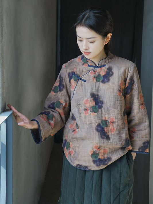 3色展開◇美しいオリエンタルプリント コットン中綿入りで保温性もある◇総柄ジャケット◇