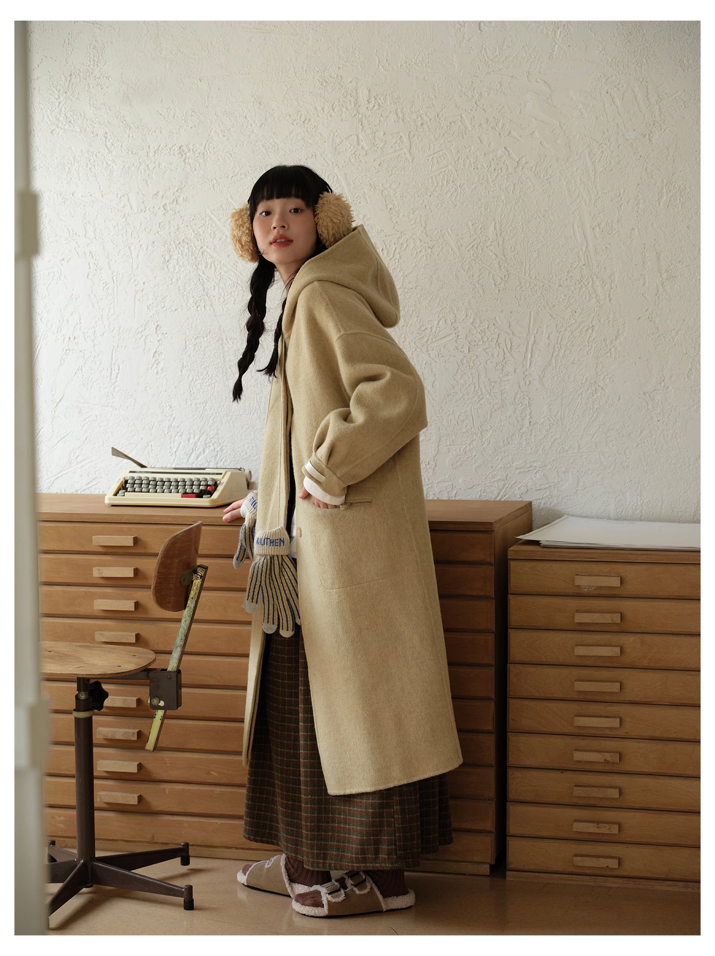 ◇ダブルフェイス メリノウールで暖かドロップショルダーゆったり フーディーコート◇