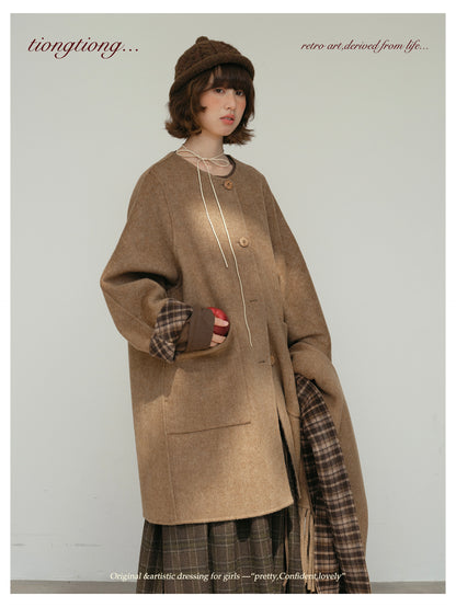 △リバーシブル ダブルフェイスウールで暖か ゆったり  ノーカラーコート△