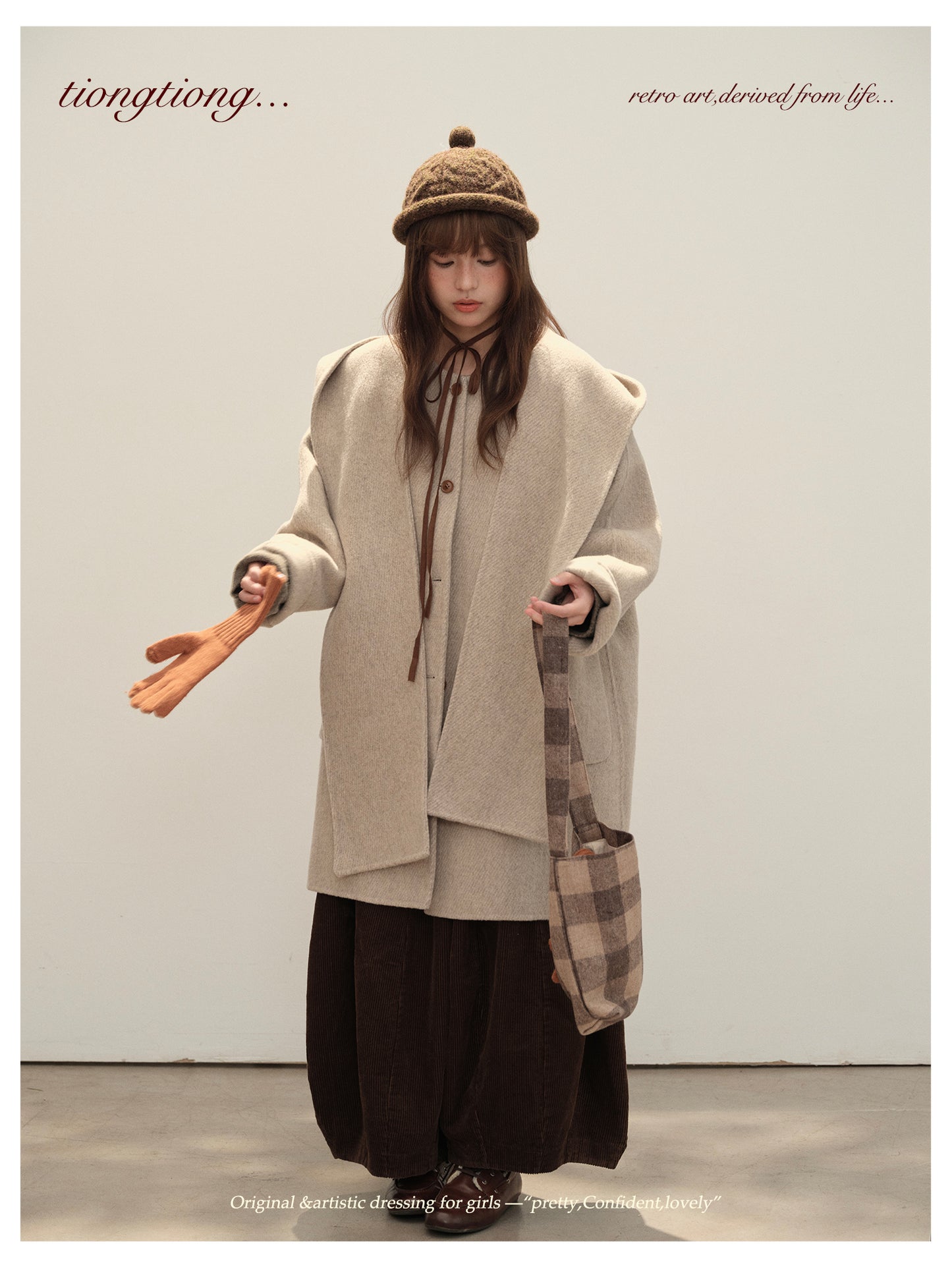 △ダブルフェイスメリノウールで暖か ドルマンスリーブゆったり  ノーカラーコート△マフラー付き