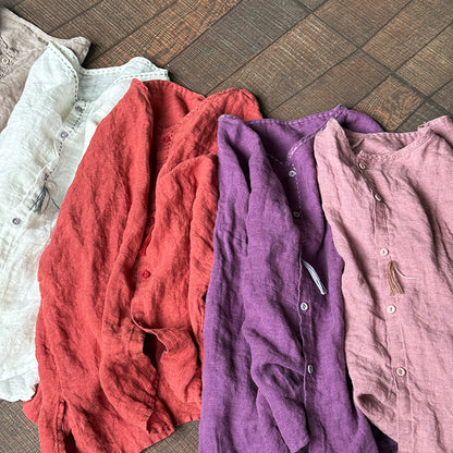 ハンドステッチング＆フリンジが可愛い☆ゆったりシルエットリネンノーカラーシャツ☆