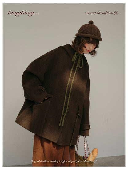 ２色展開◇ダブルフェイスウール×ヤク×シルクで暖かドロップショルダーゆったり フーディーコート◇