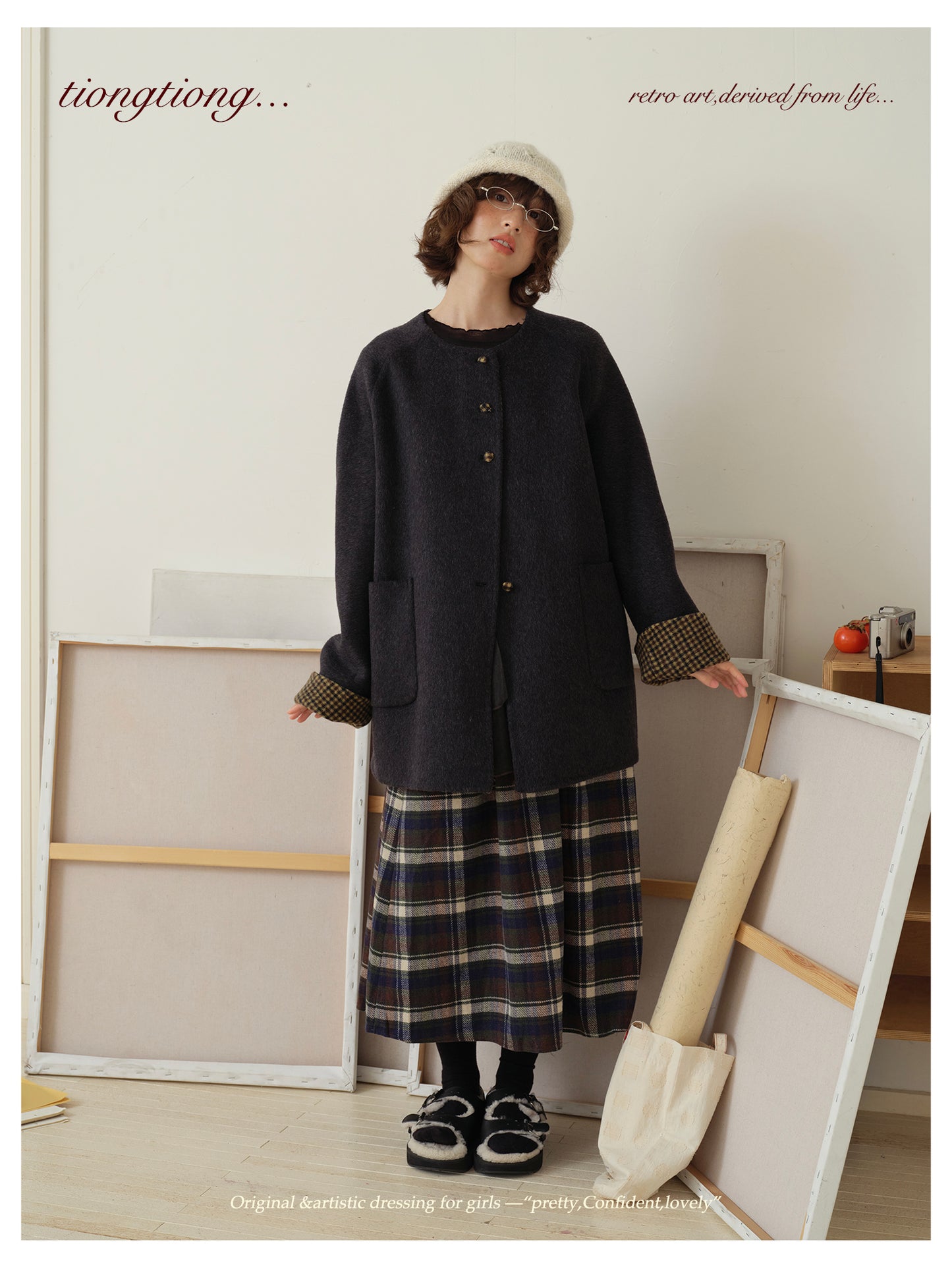 △ダブルフェイスウール×キャメルで暖か ドロップショルダーゆったり  ノーカラーコート△