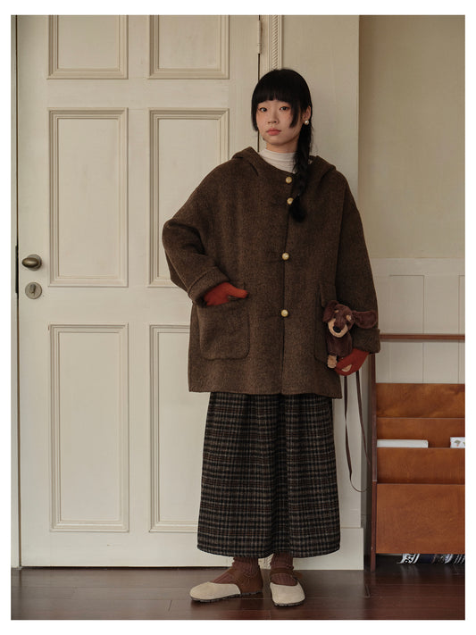 ２色展開△ダブルフェイスウールヘリンボーン ドロップショルダー フーディーコート△