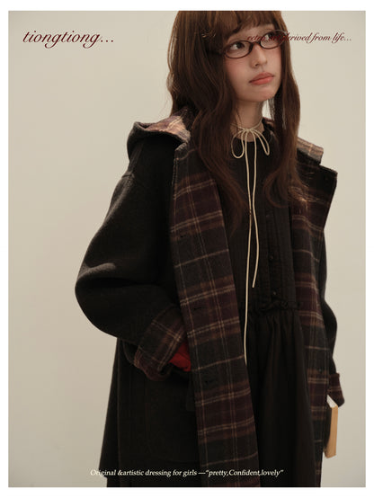 3色展開◇ダブルフェイス カシミア×メリノウールで暖かドロップショルダーゆったり フーディーコート◇