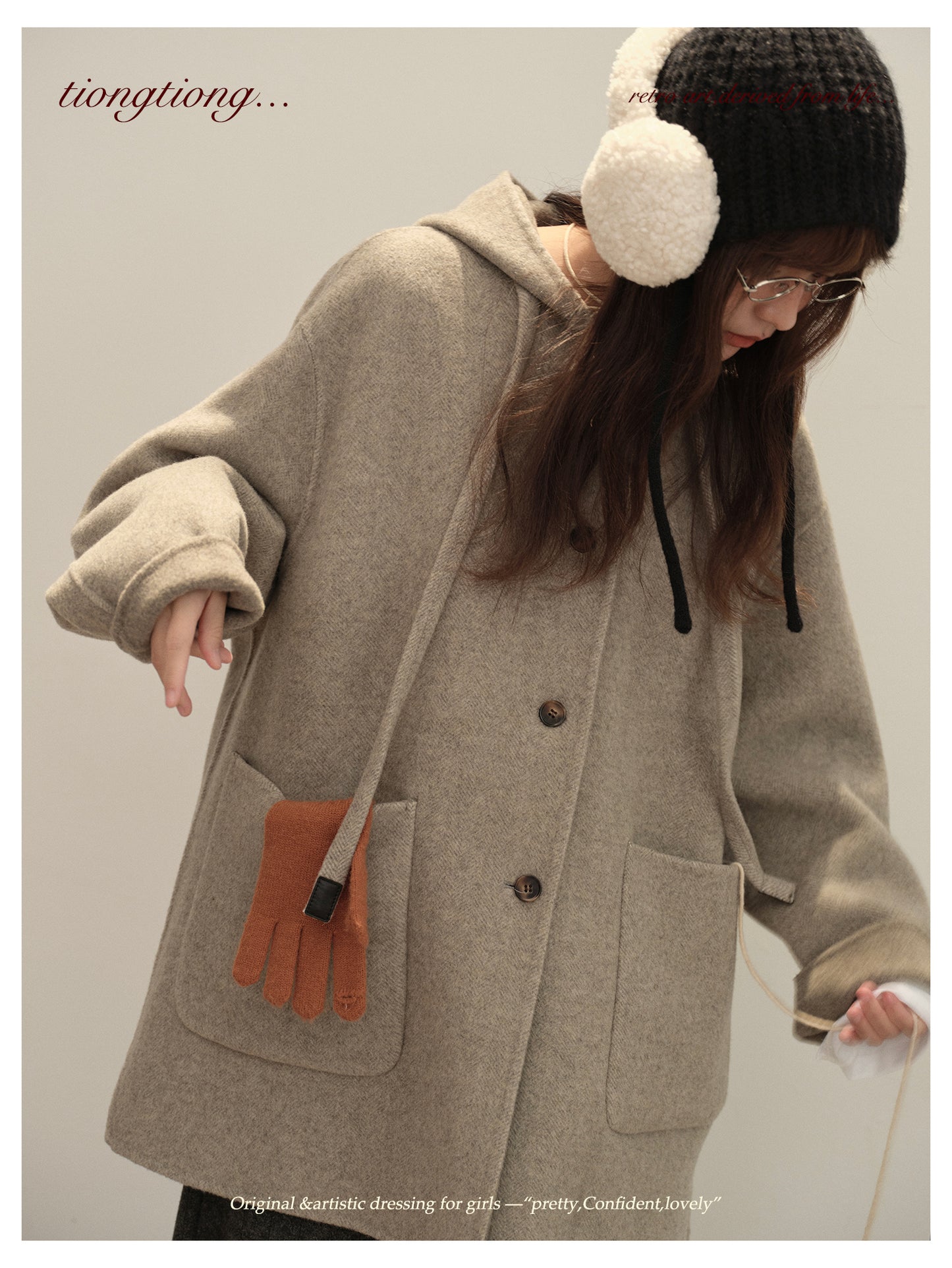 3色展開◇ダブルフェイス カシミア×メリノウールで暖かドロップショルダーゆったり フーディーコート◇