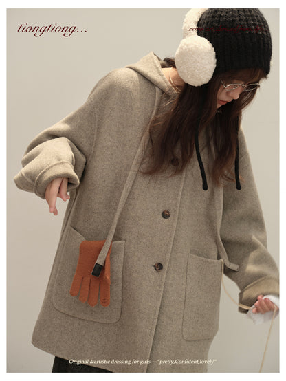 3色展開◇ダブルフェイス カシミア×メリノウールで暖かドロップショルダーゆったり フーディーコート◇