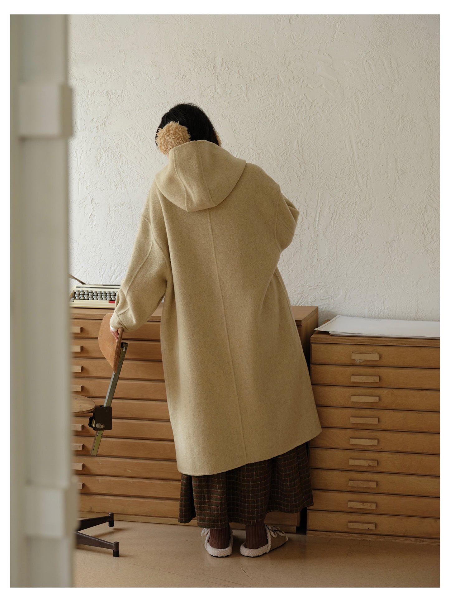 ◇ダブルフェイス メリノウールで暖かドロップショルダーゆったり フーディーコート◇