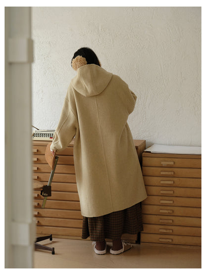 ◇ダブルフェイス メリノウールで暖かドロップショルダーゆったり フーディーコート◇