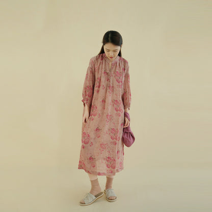 ✩鮮やかなボタニックプリントが美しい✩ドロップショルダー 8分丈 ラミー アブストラクトフラワーワンピース✩