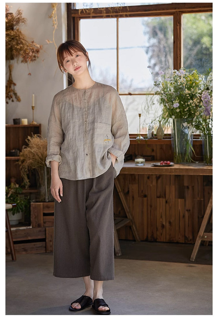 ◇ドロップショルダー刺繍入りリネンノーカラーシャツ◇