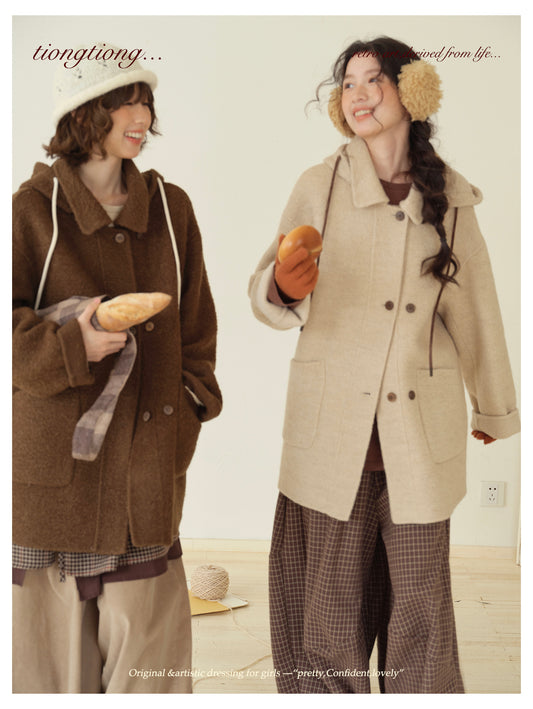 ２色展開◇ダブルフェイスウールで暖かドロップショルダーゆったり ショートコート◇