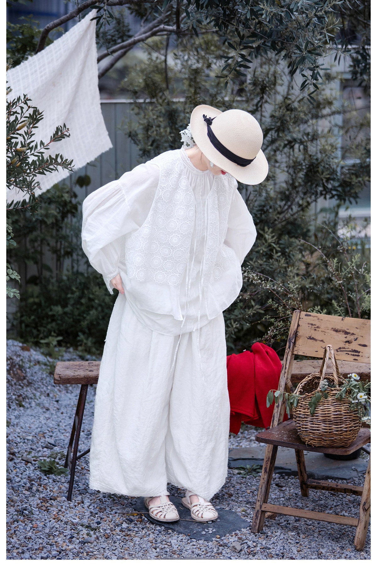 レースバックポケットが可愛い◇リネン イージーワイドパンツ◇ホワイトS/M/Lサイズ