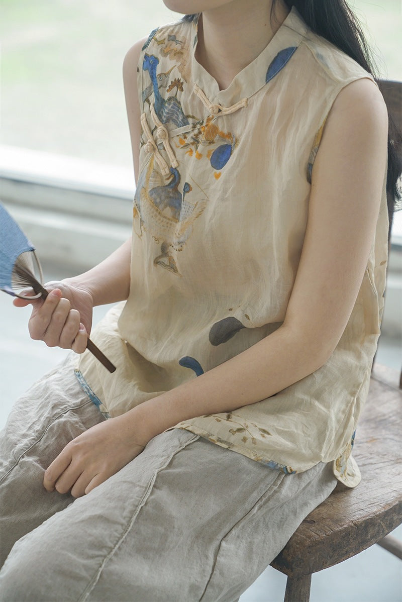 ◇水彩プリントが美しい ラミー オリエンタルデザイン ノースリーブシャツ ◇