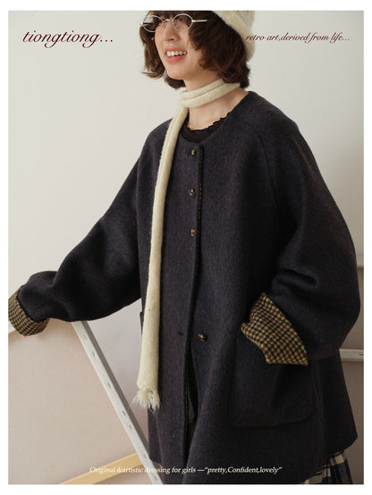 △ダブルフェイスウール×キャメルで暖か ドロップショルダーゆったり  ノーカラーコート△