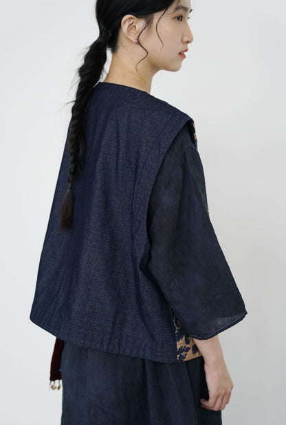 ✩バティック柄 ボタニックプリント リネン 切り替え中綿ベスト☆