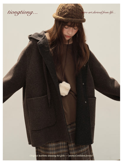 3色展開◇ダブルフェイス カシミア×メリノウールで暖かドロップショルダーゆったり フーディーコート◇