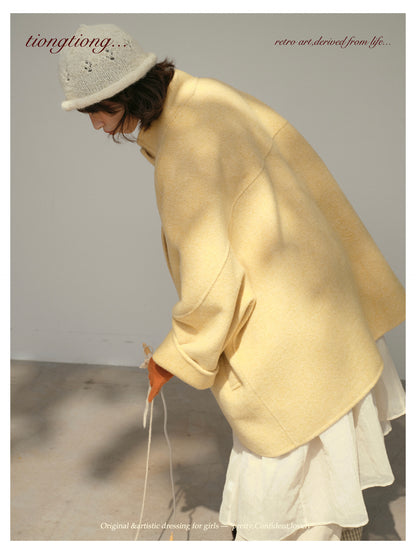 3色展開◇ダブルフェイス ウール×キャメルウールで暖かドロップショルダーゆったりコート◇バッグ付き