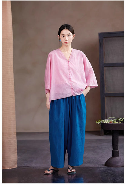 同色の刺繍が程良いポイントに◇ドルマンスリーブ ラミー Vネックシャツ◇